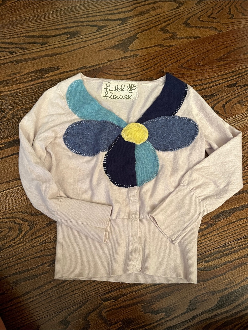 Anthropologie Field Flower Cream Cardigan with Blue and Yellow Flower Appliqué